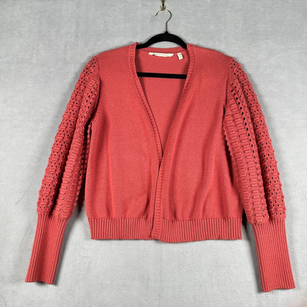 Soft Surroundings Cotton Cardigan in Coral with Chunky Pointelle Knit Sleeves XS